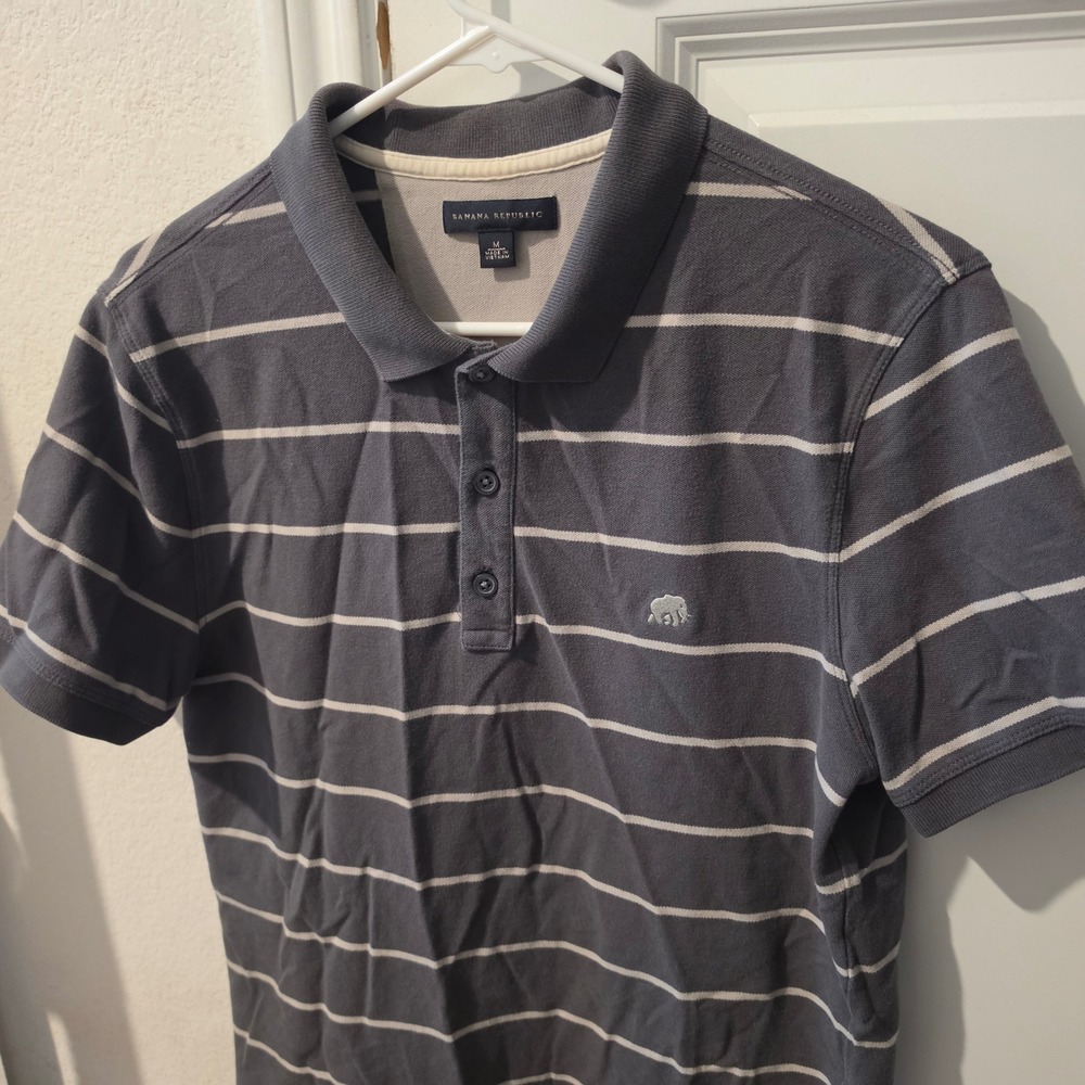 Banana Republic Mens Gray White Striped Elephant Logo Pique Polo Shirt Medium